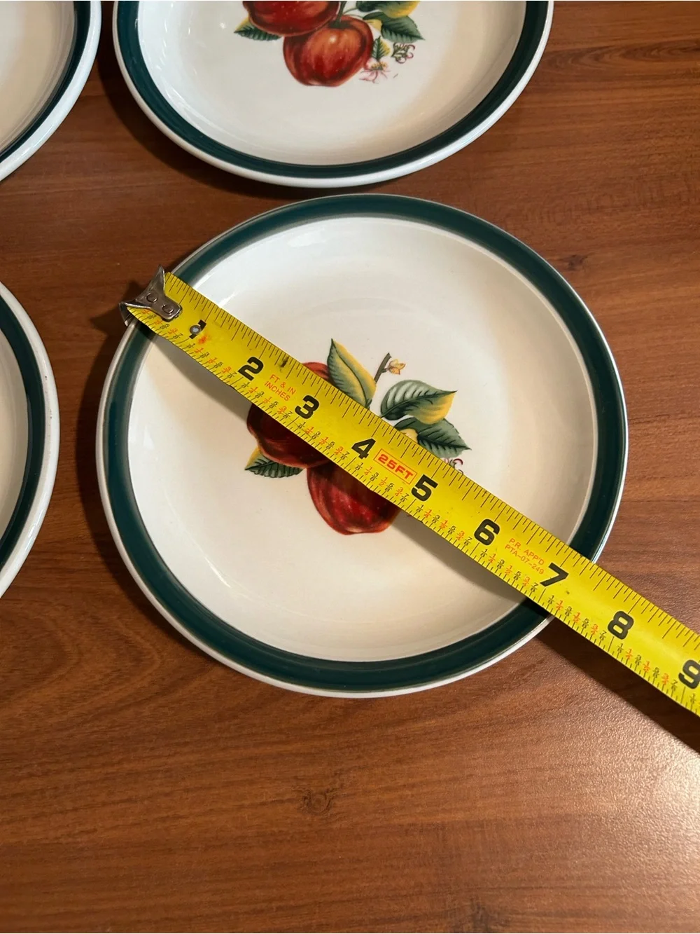 White Ceramic Luncheon Plates with Red Apple Motif and Green Rim - Set of 4